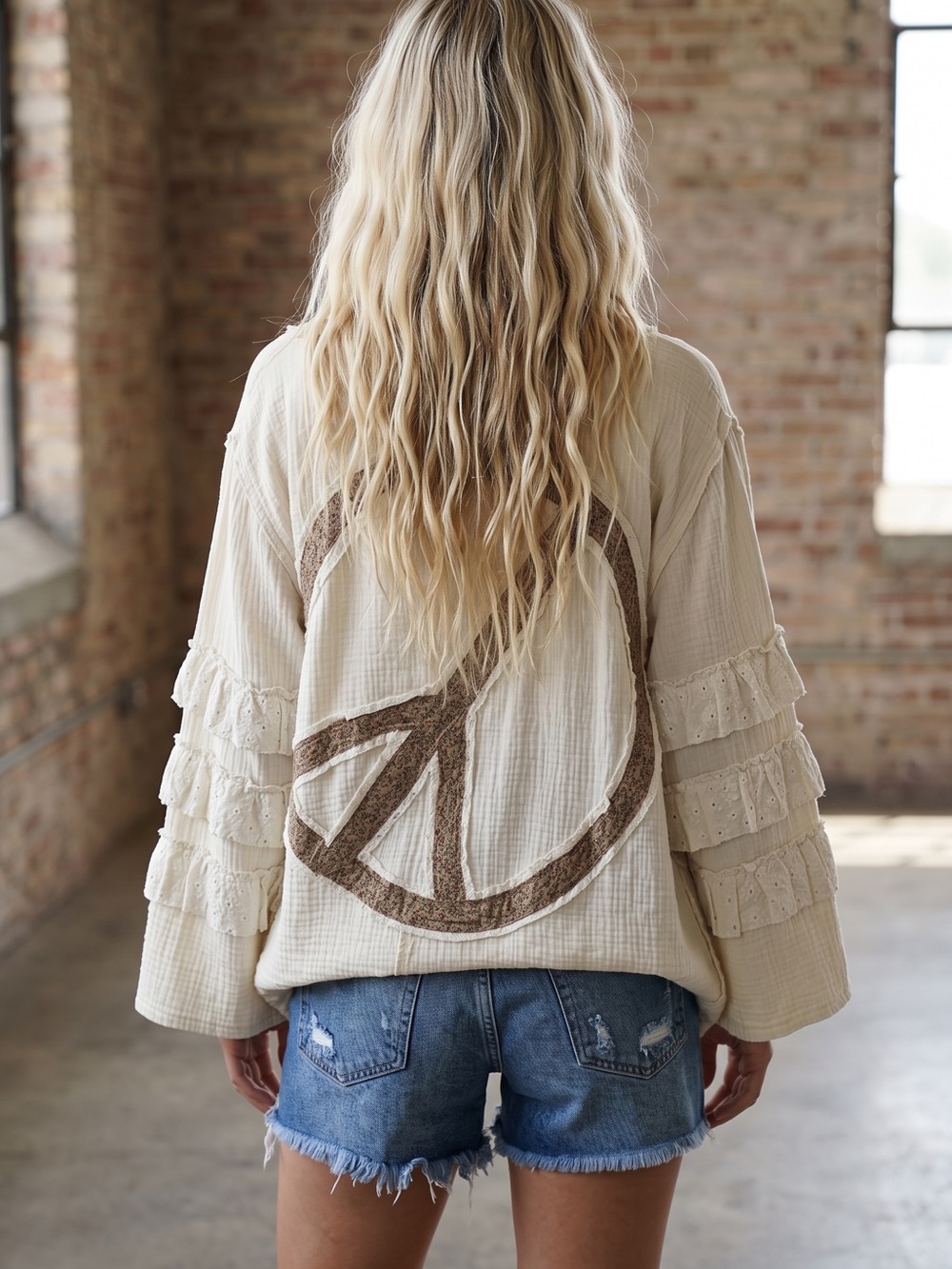 NWT POL Peace Patchwork Boho Ruffle Crochet Eyelet Open Cardigan - Picture 11 of 11